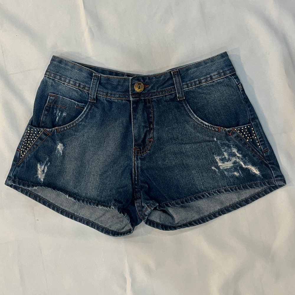 Stylish Blue Denim Women Shorts w/ gold studs
